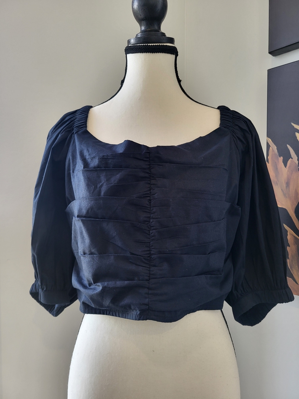 Abercrombie & Fitch Navy Square Neck Puff Sleeve Cropped Blouse